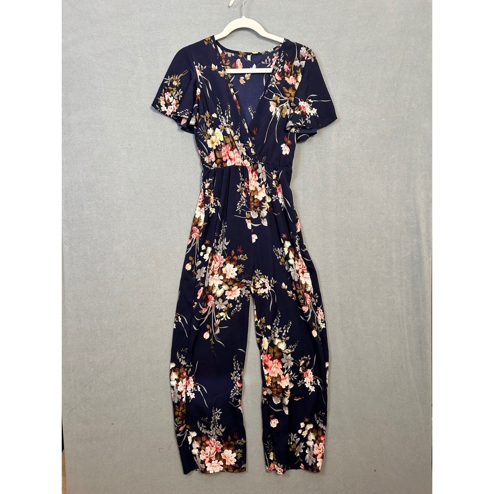 Navy Blue Floral Flutter Sleeve Wrap V-Neck Elastic Waist Jumpsuit Small
